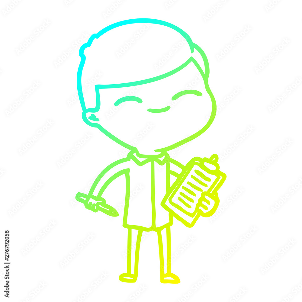 cold gradient line drawing cartoon smiling man with clip board