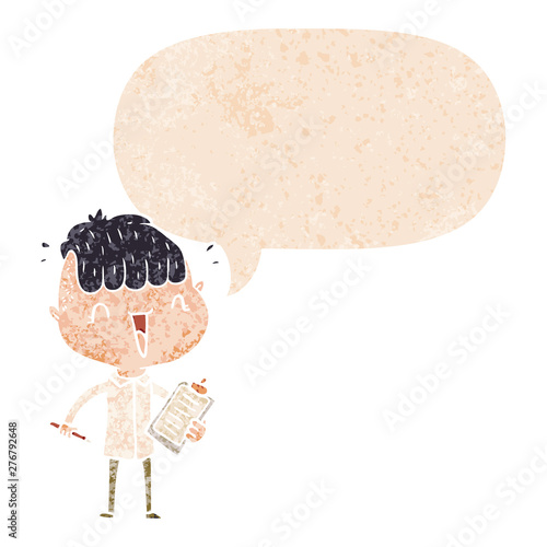 cartoon happy boy surprised and speech bubble in retro textured style