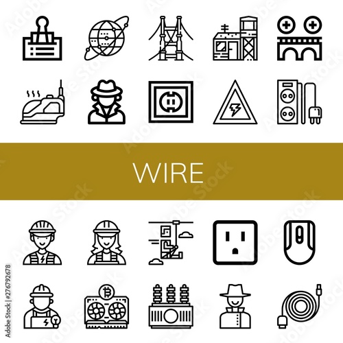Set of wire icons such as Clip, Iron, Earth grid, Detective, Bridge, Socket, Military base, Voltage, Power strip, Electrician, Vga, Zip line, Power transformer, Mouse, Data cable , wire