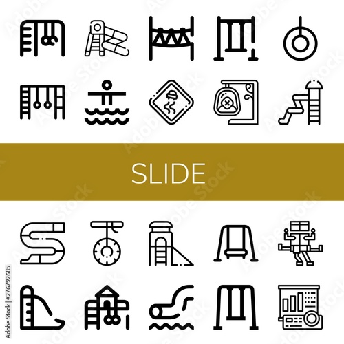 Set of slide icons such as Monkey bars, Water slide, Waterpark, Rope park, Slippery road, Swing, Slide, Playground, Projector screen ,