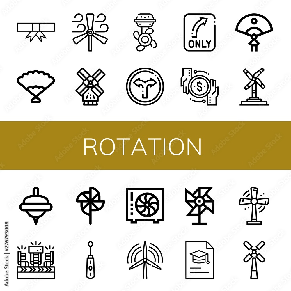 Set of rotation icons such as Degree, Fan, Wind turbine, Windmill, Boat engine, Turn, Transaction, Spinning top, Fans, Pinwheel, Electric toothbrush, Turbine , rotation