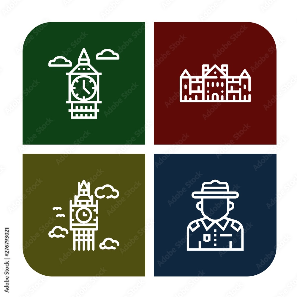 Set of parliament icons such as Big ben, Palace, Ranger , parliament