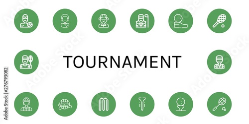 Set of tournament icons such as Waterpolo, Soccer player, Golfer, Golf ball, Tennis, Referee, Cricket stump, Tee, Badminton , tournament