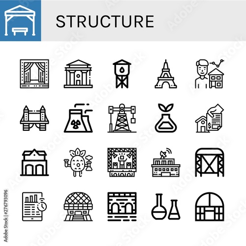 Set of structure icons such as Pergola, Stage, Courthouse, Water tower, Eiffel tower, Estate agent, Tower bridge, Nuclear plant, Oil rig, Science, Home, Fire station , structure