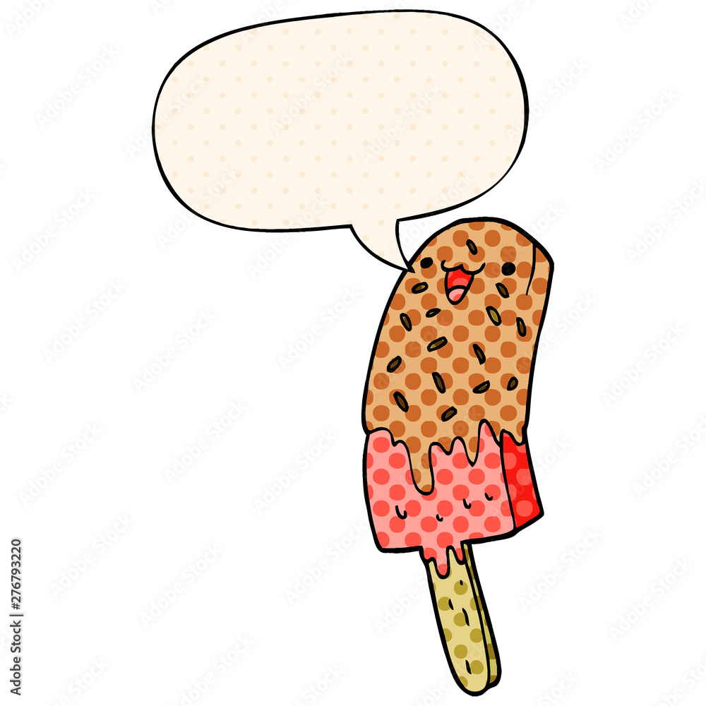 cute cartoon happy ice lolly and speech bubble in comic book style