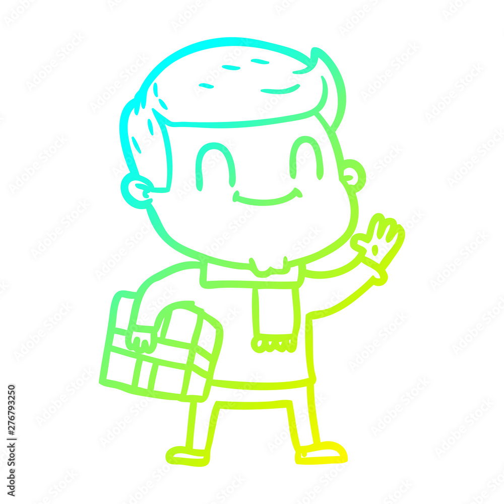 cold gradient line drawing cartoon friendly man with xmas gift