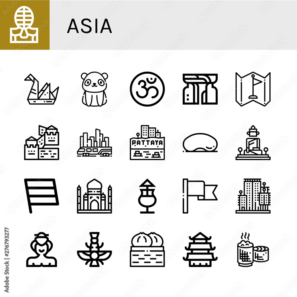 Set of asia icons such as Kendo, Origami, Panda bear, Om, Monument, Flag,  Great wall of china, Skytrain, Pattaya, Cloud gate, Great buddha of  thailand, Taj mahal, Mai thai , asia Stock