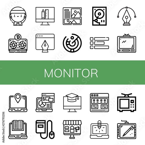 Set of monitor icons such as Gangsta, Vga, Design, Tablet, Layout, Radar, Hard disk, Tv, Laptop, Ebook, Screen, Computer, Tutorial, Television, Graphic tablet , monitor