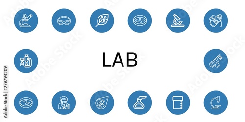 Set of lab icons such as Microscope, Goggles, Experimentation, Sample, Tube, Scientist, Blood cells, Flask, Sample tube, Laboratory, Blood sample , lab