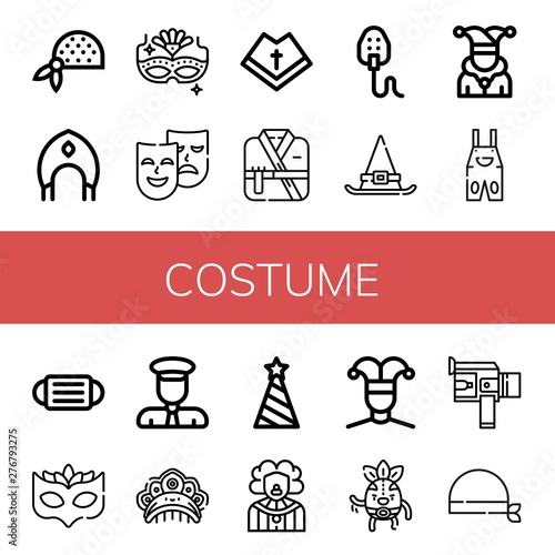 Set of costume icons such as Bandana, Kokoshnik, Carnival mask, Masks, Mantle, Kimono, Mask, Witch hat, Joker, Overall, Eye mask, Captain, Party hat, Clown, Buffoon , costume