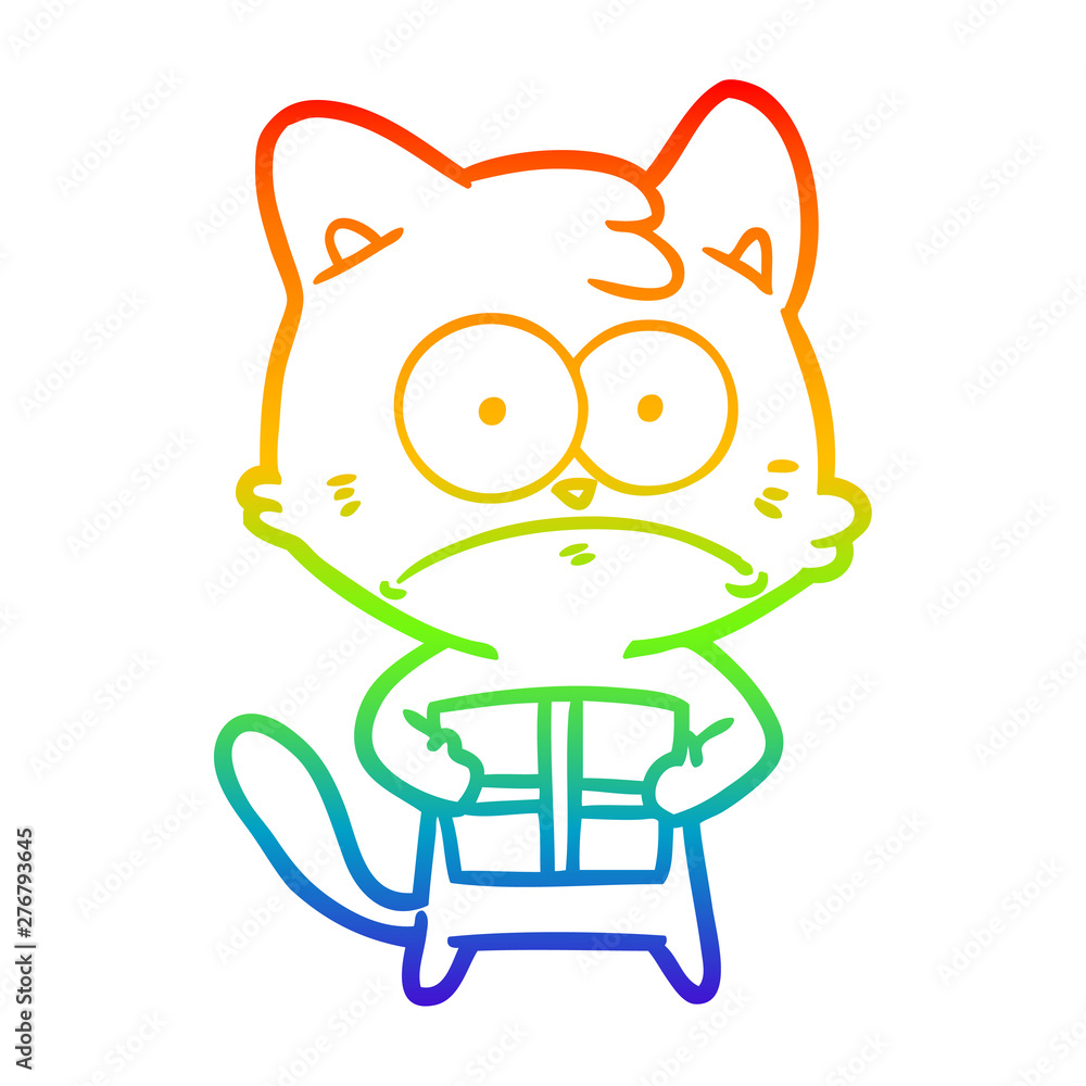 rainbow gradient line drawing cartoon cat with present rainbow gradient line drawing cartoon cat with present