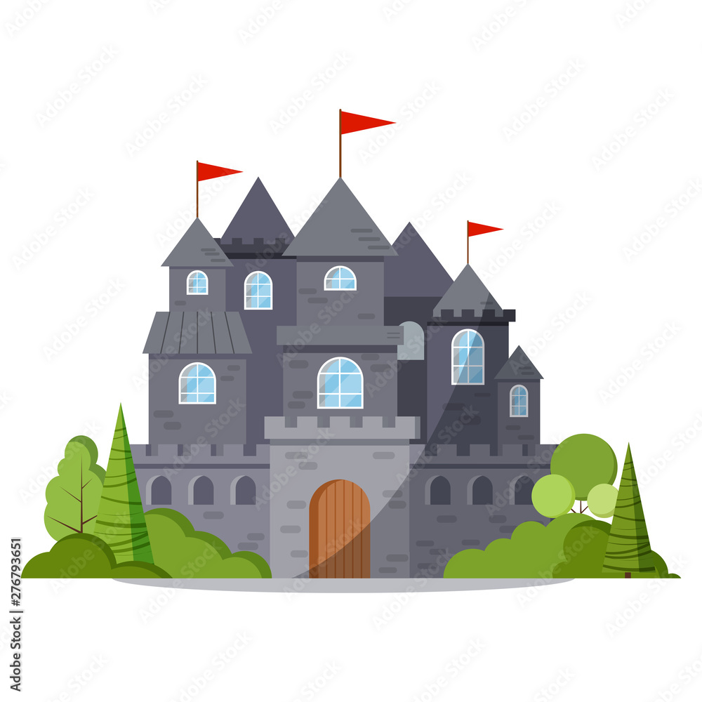 Grey stone cartoon fairy tale castle tower icon with green trees and bushes, red flag.