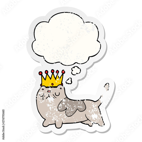 cartoon arrogant cat and thought bubble as a distressed worn sticker