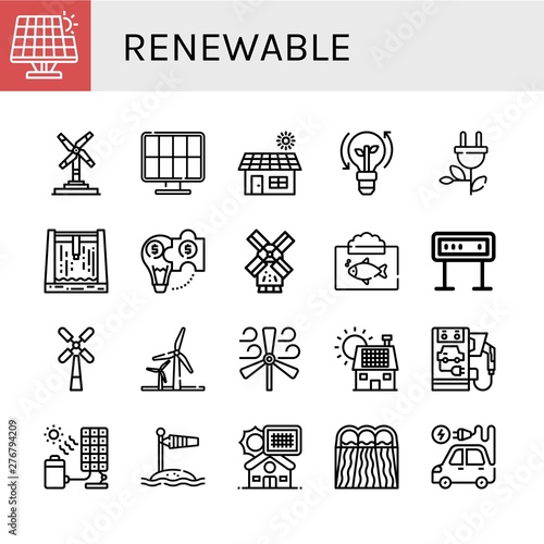 Set of renewable icons such as Renewable energy, Wind turbine, Solar energy, Solar, Clean energy, Green Dam, Hybrid solution, Windmill, Ecosystem, Panel, Wind , renewable