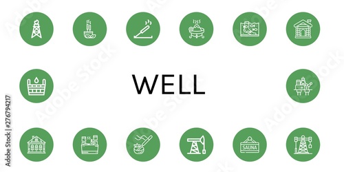 Set of well icons such as Pumpjack, Incense, Fish therapy, Sauna, Izba, Oil pump, Oil rig , well