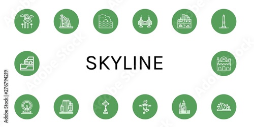 Set of skyline icons such as Las vegas, Burj al arab, Algarve, Golden gate, Pattaya, Washington monument, London eye, City garden tower, Space needle, Charleston, Skyscraper , skyline