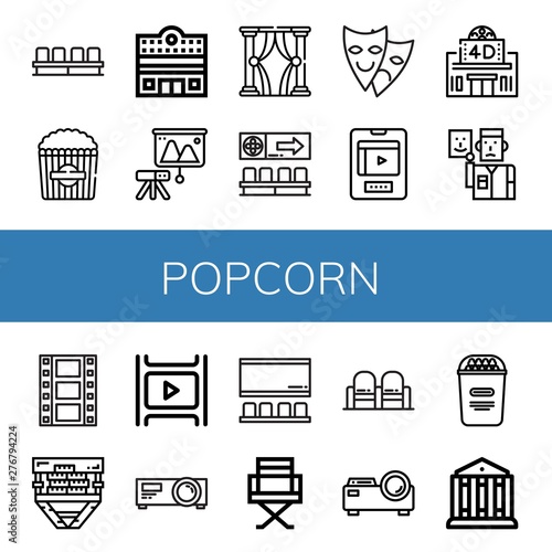 Set of popcorn icons such as Movie, Popcorn, Cinema, Projector, Theatre, Theater, Entertainment, Movie theater, Actor, Film, Director chair , popcorn