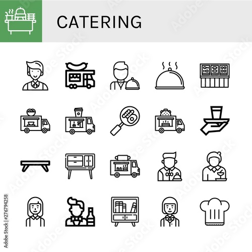Set of catering icons such as Buffet, Waiter, Food truck, Cloche, Serve, Breakfast tray, Waitress, Bridesmaids, Bartender, Chef hat , catering