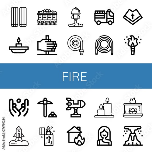 Set of fire icons such as Marshmallow, Candle, Coal, Fire, Rocket, Fire hose, truck, Hose, Mantle, Torch, Juggling, Mining, Lighter, House on Candles, Troglodyte ,