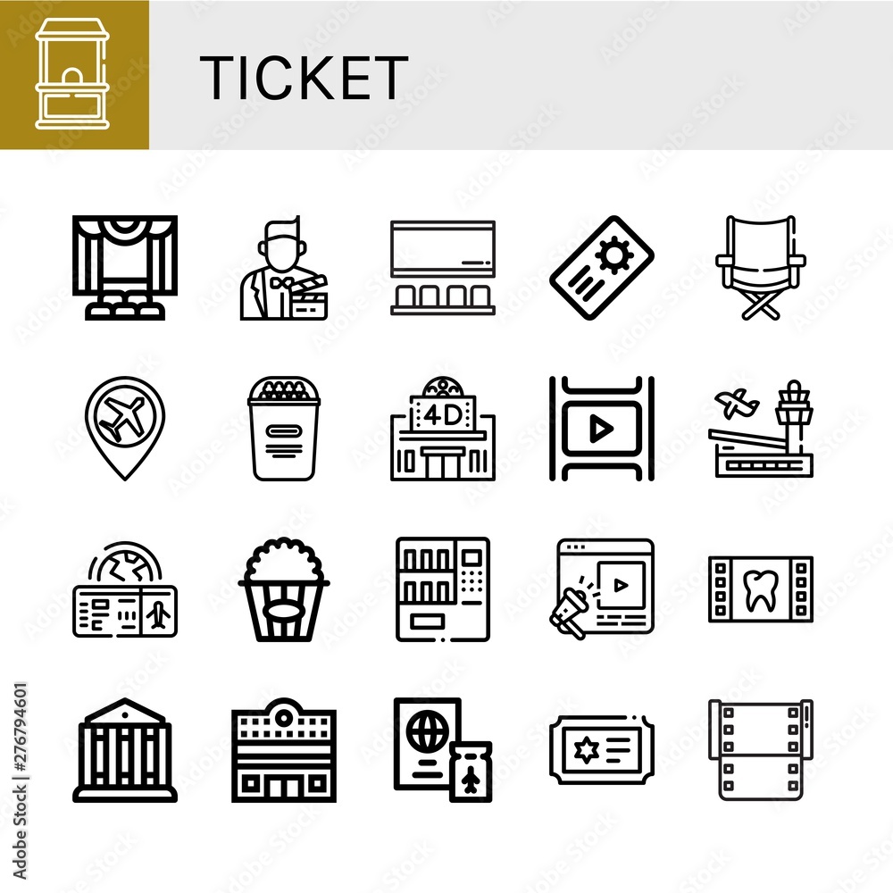 Set of ticket icons such as Ticket office, Theater, Actor, Cinema, Coupon, Directors chair, Airport, Popcorn, Movie theater, Film, Boarding pass, Vending machine, Entertainment , ticket
