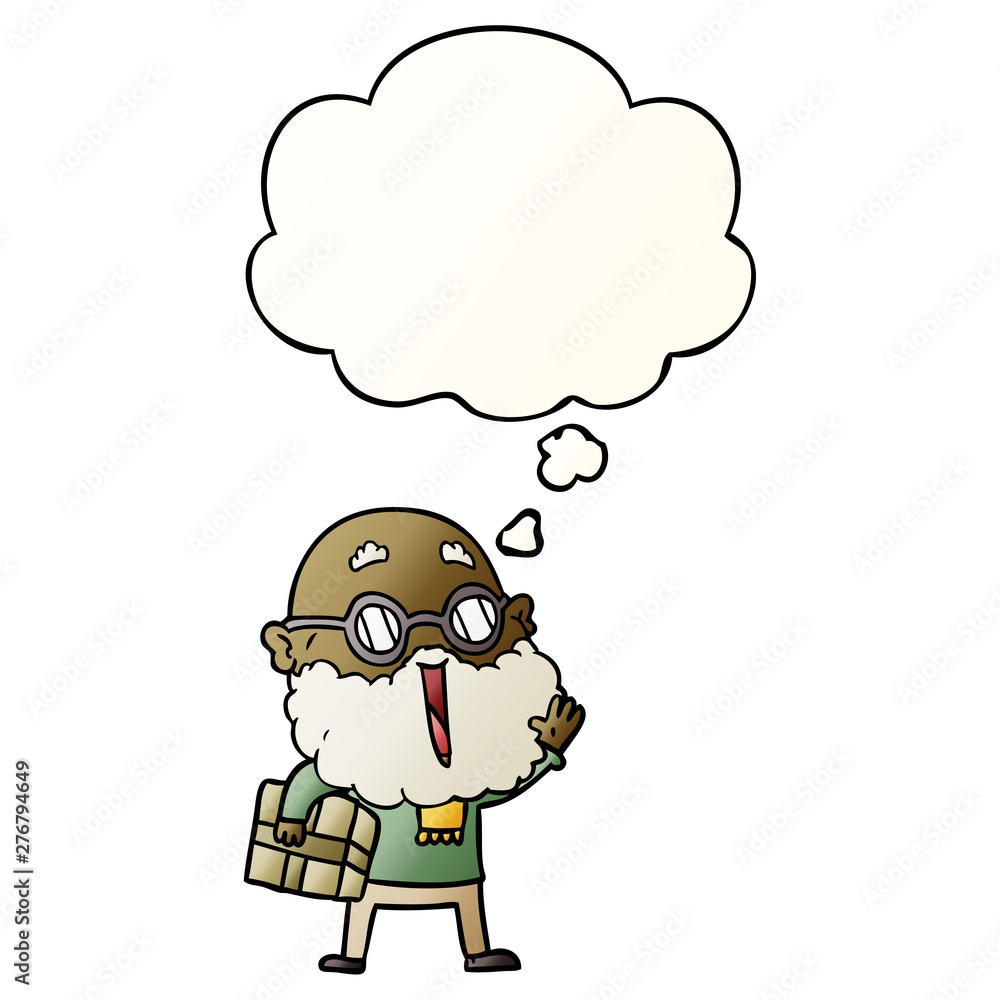 cartoon joyful man with beard and parcel under arm and thought bubble in smooth gradient style cartoon joyful man with beard and parcel under arm and thought bubble in smooth gradient style