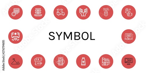 Set of symbol icons such as Schedule, Hotel, Golf cart, Prayer, Password, Clover, Mission, Invoice, Security, Sun cream, Finance, Web design, Air conditioner, Laptop , symbol