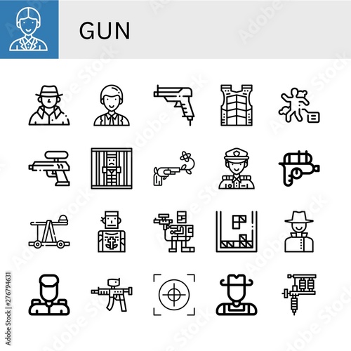 Set of gun icons such as Officer, Detective, Gun, Bulletproof vest, Crime scene, Water gun, Jail, Police, Catapult, Tattoo artist, Paintball, Tetris, Military, Paintball ,