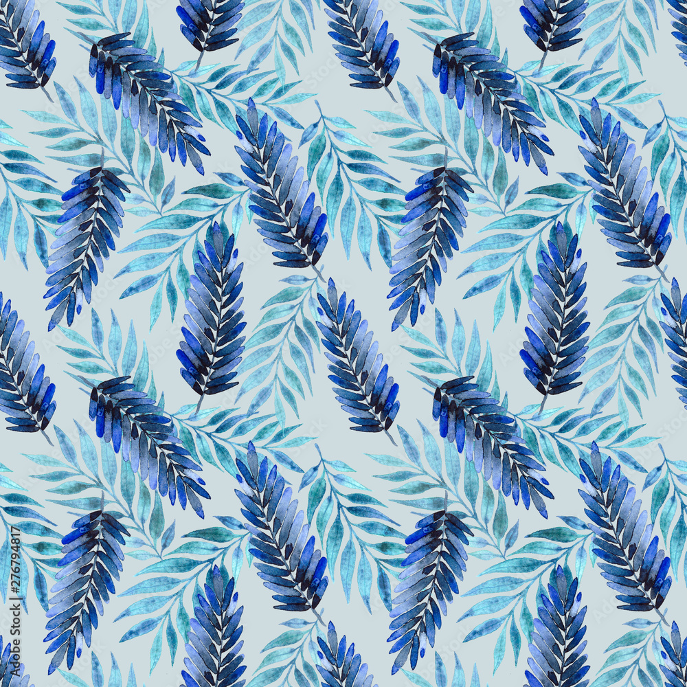 Seamless watercolor pattern with dark blue leaves on a  colored background. Illustration for fabrics, posters, postcards, packaging paper, clothing