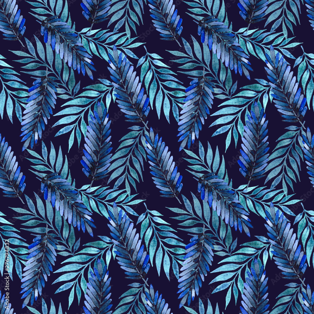 Seamless watercolor pattern with dark blue leaves on a dark background. Illustration for fabrics, posters, postcards, packaging paper, clothing