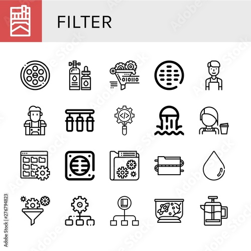 Set of filter icons such as Cigarette, Drainage, Lubricant, Funnel, Sewer, Barista, Water filter, Process, Data, Drain, Blur, Filter, Flow, Fish tank, French press ,