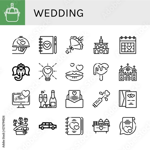 Set of wedding icons such as Ice bucket, Wedding, Wedding planner, Bouquet, Church, day, Ganesha, Love, Romantic, invitation, Flower bouquet, Limousine ,