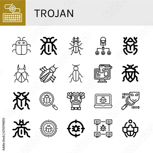 Set of trojan icons such as Keylogger, Bug, Beetle, Online robbery, Armor, Spyware, Malware, Anti bug , trojan