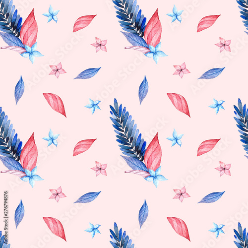 Seamless watercolor pattern with a composition of blue and pink leaves on a pink background. Illustration for fabrics, posters, postcards, packaging paper