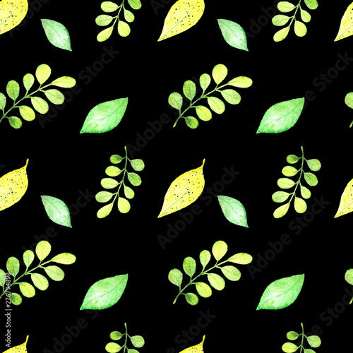 Seamless watercolor pattern with bright green leaves on a black background. Illustration for fabrics, posters, postcards, packaging paper, clothing