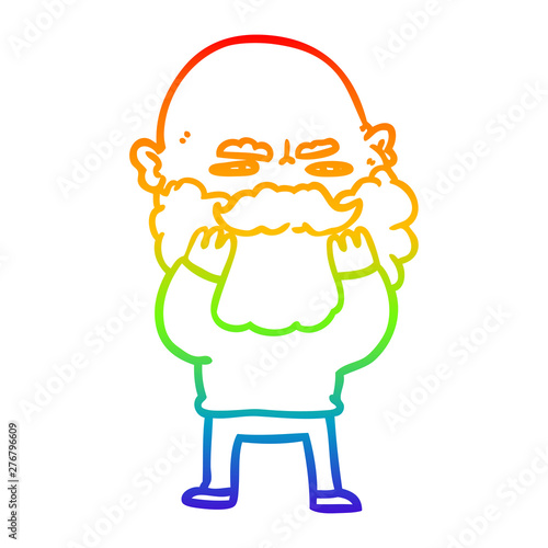 rainbow gradient line drawing cartoon man with beard frowning checking his beard