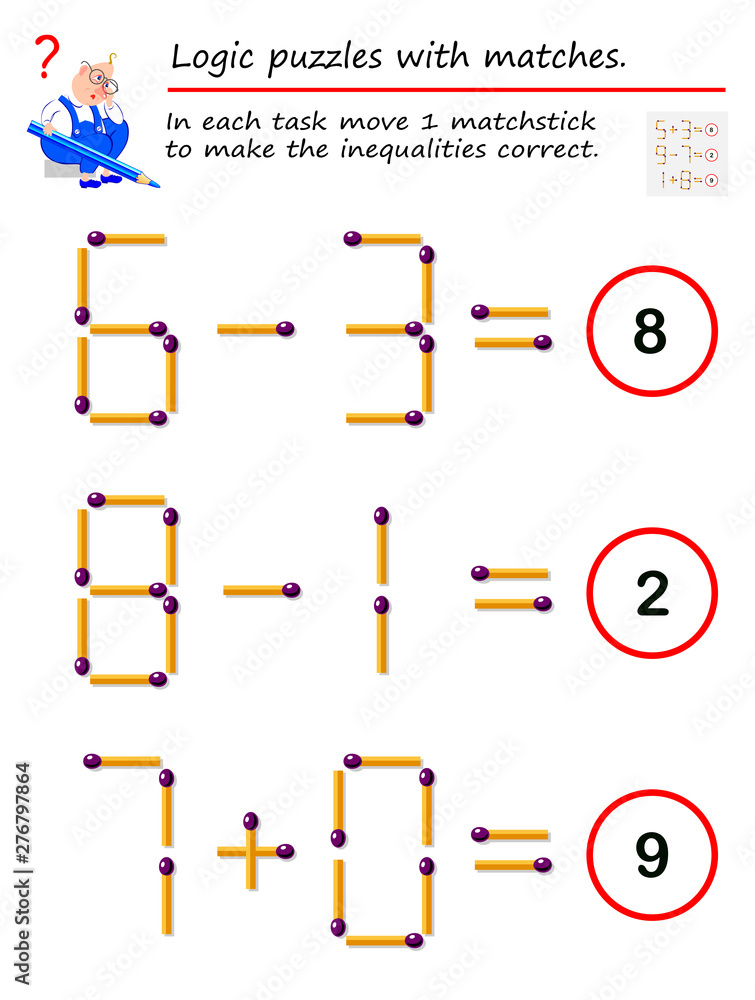 logical puzzle game with matches in each task move 1 matchstick to make the inequalities correct printable page for brainteaser book developing spatial thinking vector image stock vector adobe stock