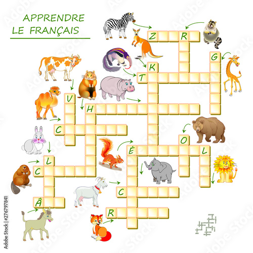 Learn French. Crossword puzzle game with animals. Educational page for children to study French language and words. Printable worksheet for kids textbook. Back to school. Vector cartoon image.