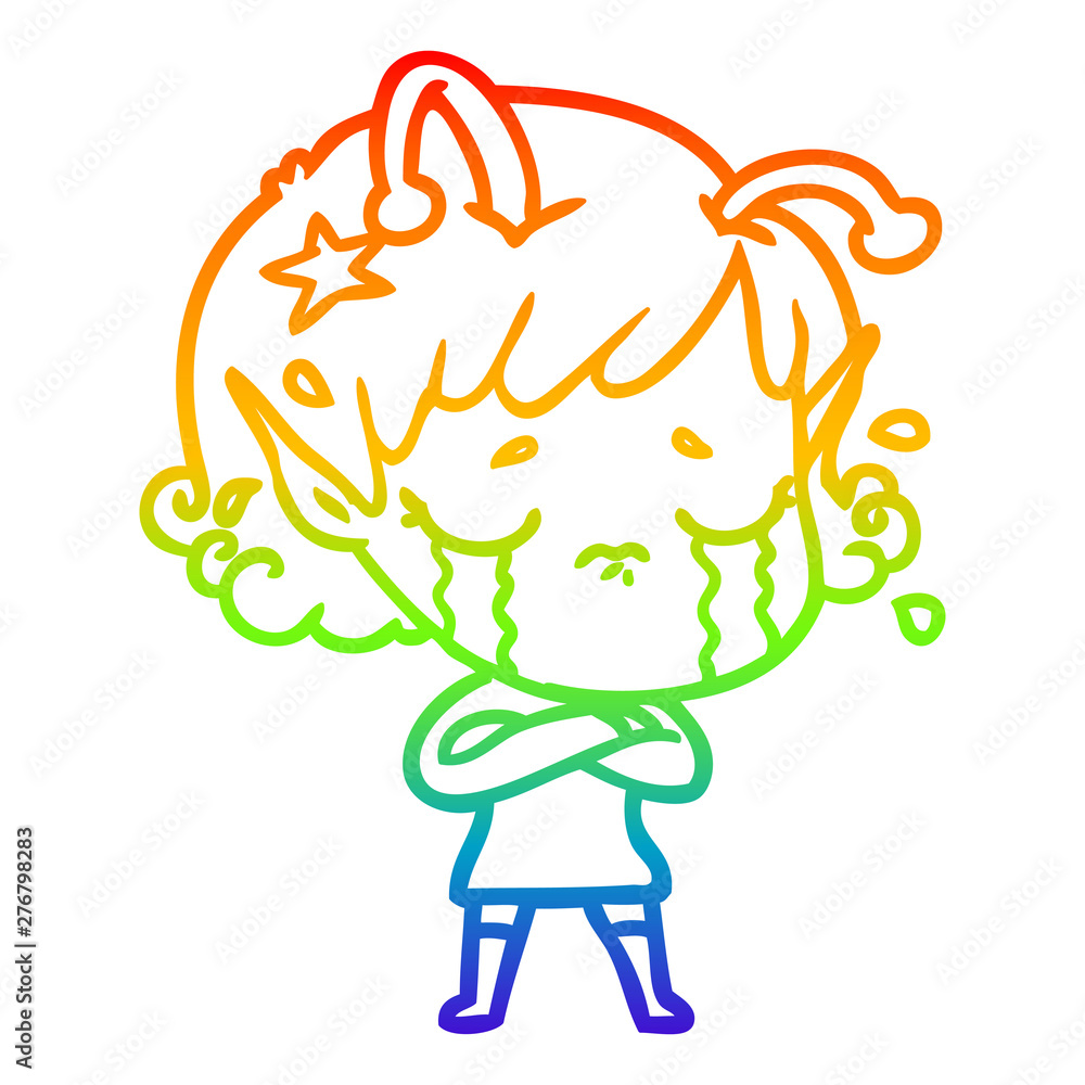 rainbow gradient line drawing cartoon crying alien girl rainbow gradient line drawing cartoon crying alien girl