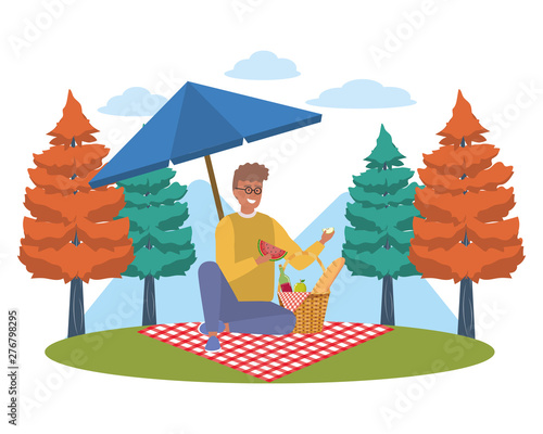 Man cartoon having picnic design