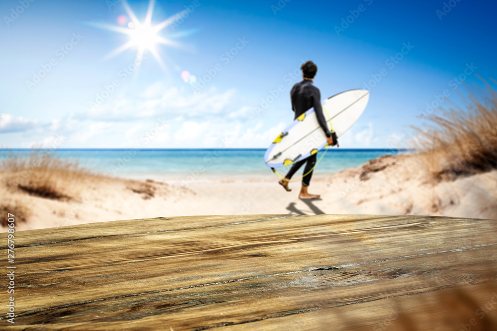 Desk of free space and summer beach landscape Desk of free space and summer beach landscape
