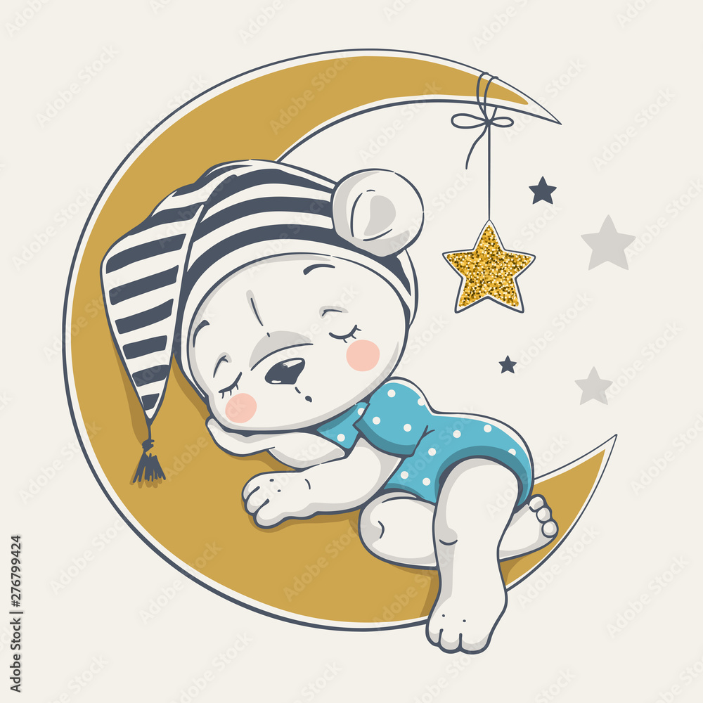 Vector illustration of a cute baby bear, sleeping on the moon. Stock ...