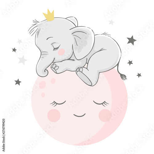 Vector hand drawn illustration of a cute baby elephant, sleeping on the pink moon.