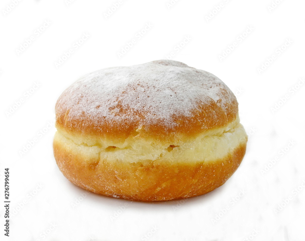 German doughnut berliner with icing sugar isolated on white. Donuts(Sufganiyah) isolated on white background one fresh baked with powered sugar. fresh dough-nut with jam. Serbian krofna German doughnut berliner with icing sugar isolated on white. Donuts(Sufganiyah) isolated on white background one fresh baked with powered sugar. fresh dough-nut with jam. Serbian krofna