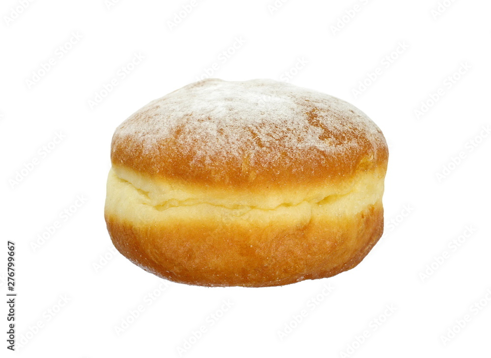 German doughnut berliner with icing sugar isolated on white. Donuts(Sufganiyah) isolated on white background one fresh baked with powered sugar. fresh dough-nut with jam. Serbian krofna