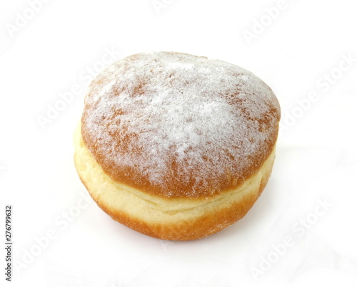 German doughnut berliner with icing sugar isolated on white. Donuts(Sufganiyah) isolated on white background one fresh baked with powered sugar. fresh dough-nut with jam. Serbian krofna