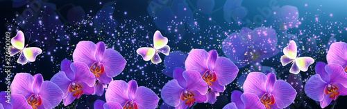 Glowing fantasy banner with magic butterflies with mysterious neon orchids and sparkle stars for flowers storefront design or florist shop decor