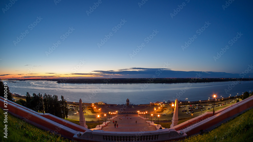 Sunset view on Volga river from Chkalov ladder in Nizhny Novgorod.
