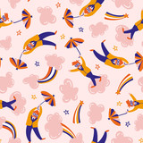 Dreamers in the pink clouds. Vector hand-drawn seamless pattern. Hippie design for fabric or wrap paper.