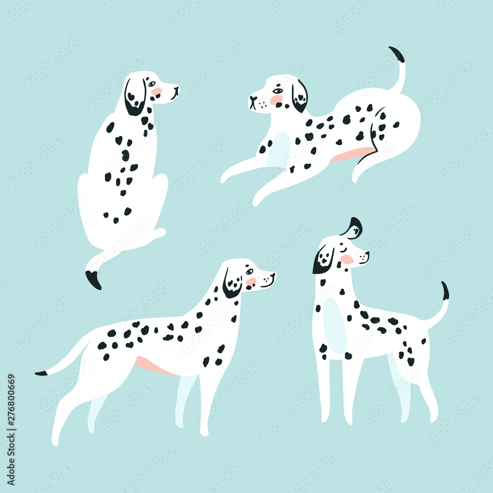 Cute funny white spotted dogs on the blue background. Dalmatian card design. Vector illustration. Cute funny white spotted dogs on the blue background. Dalmatian card design. Vector illustration.