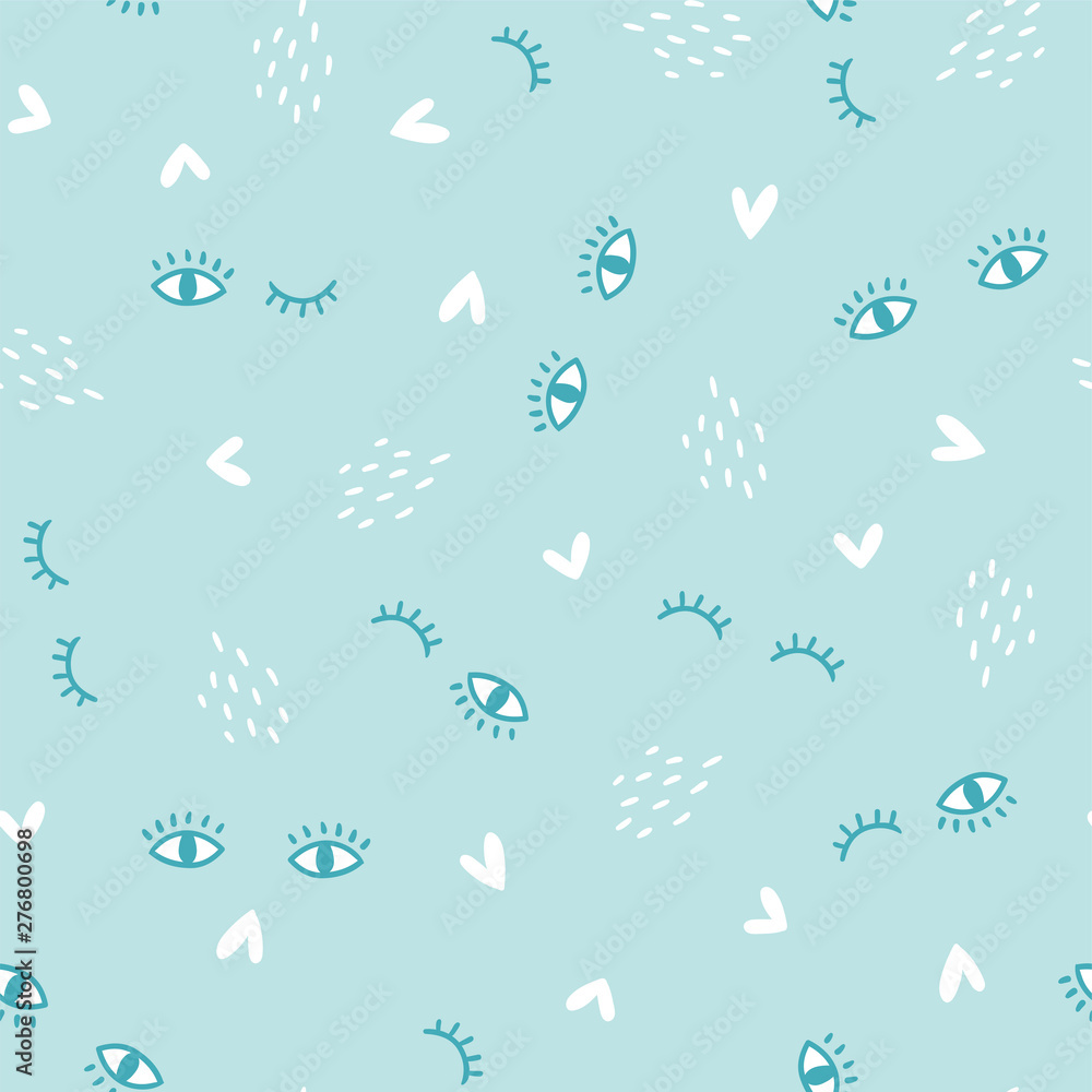 Sweet baby fabric design. Sleepy eyes on the blue background. Abstract night seamless pattern in hand drawn style. Sweet baby fabric design. Sleepy eyes on the blue background. Abstract night seamless pattern in hand drawn style.